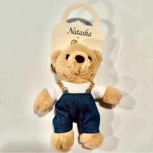 Natasha teddy bear with white t-shirt and blue overalls bag charm keychain / NEW